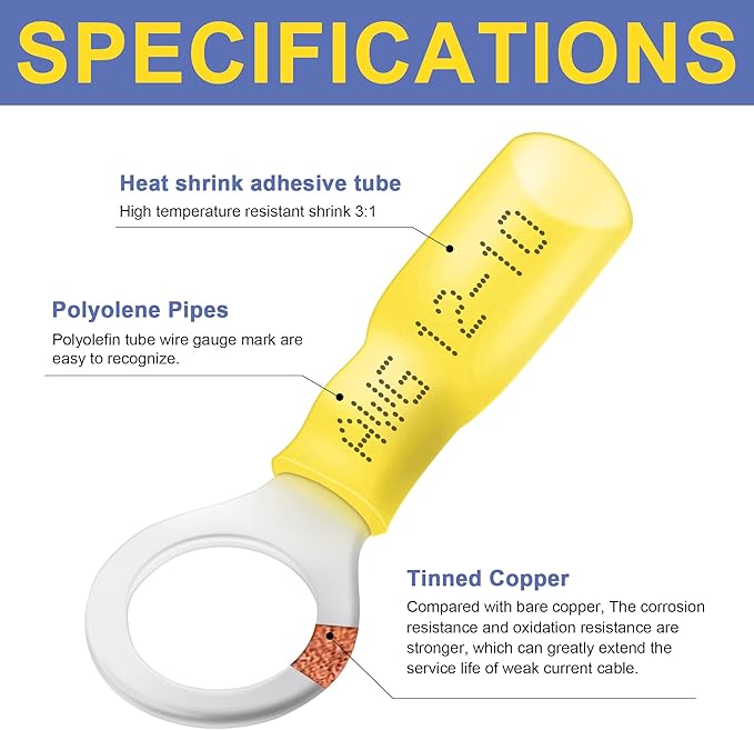 haisstronica 480PCS Yellow Heat Shrink Wire Connectors Kit,12-10 Gauge Ring Fork Spade Bullet Solder Butt Connectors (11Type)