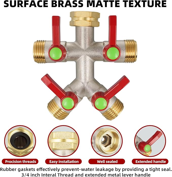 Hose Splitter 4 Way, High Flow Garden Hose Splitter, 3/4” Ght Inlet Brass Heavy Duty Hose Converter, Full Flow water 4 Way Faucet hose splitter, Long Handle Hose Valve Large Outlet.