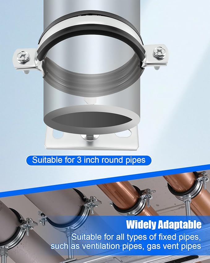 2 Pcs 3 Inch Adjustable Pipe Bracket, Split Ring Pipe Hanger, Heavy Duty B Vent Wall Strap Round Gas Vent Strap, Chimney Support Mount with Mounting Screws Anti-Slip Pads