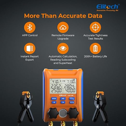 Elitech Wireless Digital Manifold Gauge Set Data Logging Refrigerant HVAC Gauges with Hoses, Temperature Clamps, LMG-10W