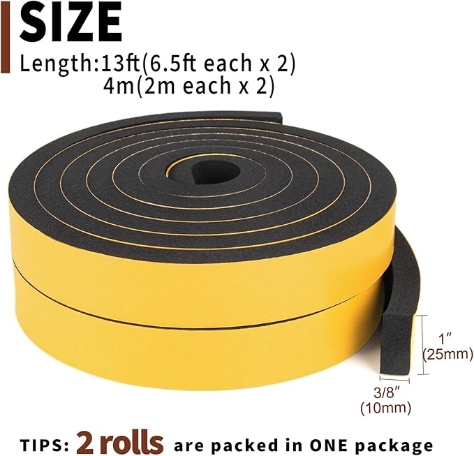 Yotache Foam Strips with Adhesive 2 Rolls 1" W X 3/8" T, (New Adhesive Craft) Black Foam Insulation Weather Stripping Door Seal Tape, 13 Ft Length (2 X 6.5 Ft Each)