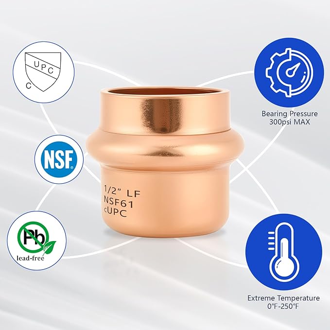 10-Pack YVSKM 1/2" Copper Press Cap, Lead-Free Copper Pipe Fitting End Cap for Press Plumbing Systems, Hot & Cold Water, HVAC & Potable Water Applications