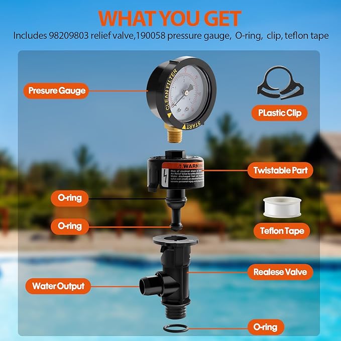 98209800 High Flow Manual Relief Valve/Air Relief Manual Valve Assembly with Pressure Gauge, Replacement for Pool and Spa Filter (98209800+87300400)