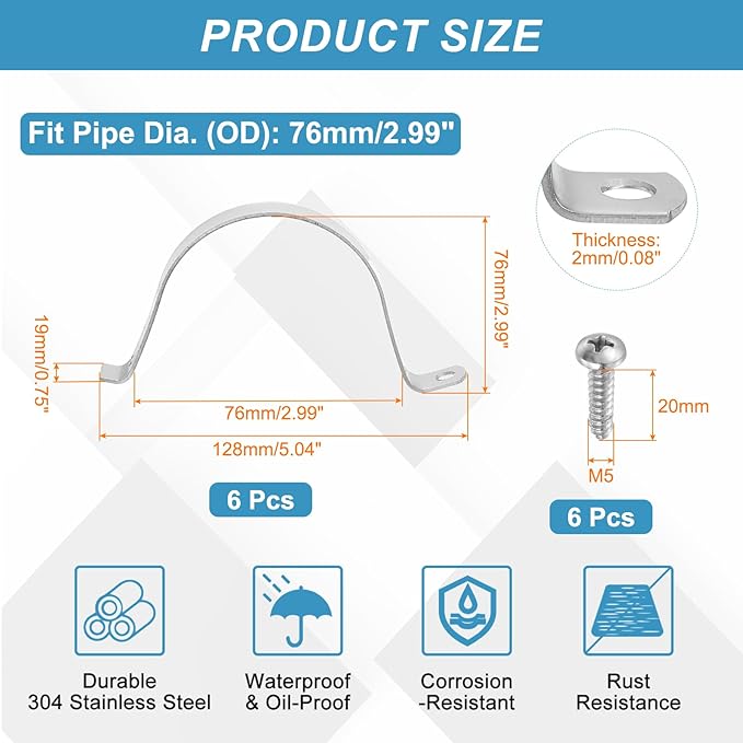 uxcell 6Pcs 76mm(3") One Hole Rigid Pipe Strap, 304 Stainless Steel Conduit Clamp Thicken U Bracket Heavy Duty Pipe Clamp with Self-Tapping Screws for Fixing Tube Cable, Silver