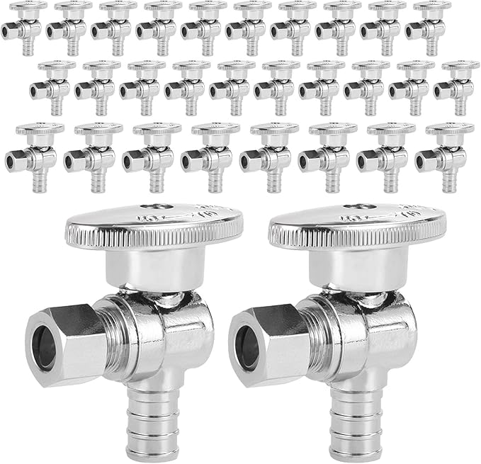 (Pack of 30) Seelink Pex Crimp 1/4 Turn Angle Stop Valve, 3/8" OD Compression x 1/2" Pex Barb Crimp (F1807), Chrome Plated Brass(VALVE076-30Pack)