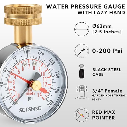 0 to 200 Psi Water Pressure Test Gauge with Red Max Pointer, 2.5 inch Dial Size, 3/4 inch Female Garden Hose Thread, Black Steel Case, Inspector for Home Hose Bib, House Water Tube, Spigot