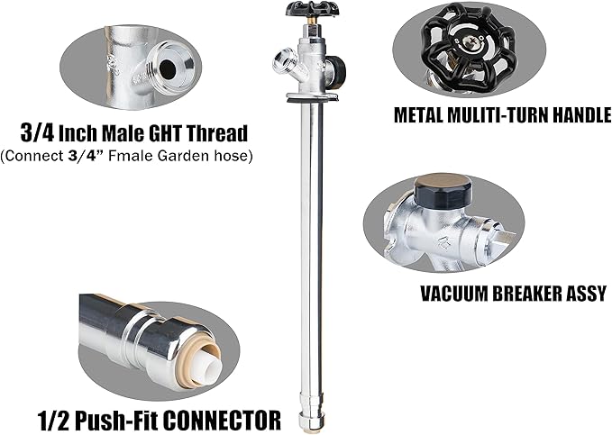 WHK 12 Inch Frost Free Outdoor Faucet Sillcock 1/2 x 3/4 Inch MHT, Frost Proof Outdoor Faucet Bib with 1/2" Push-to-Connect Plumbing Fittings, Brass Push Fit Connector for Copper, PEX, CPVC Pipe