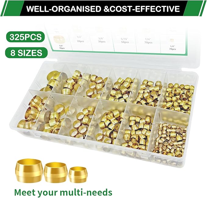 325pcs Brass Compression Sleeves Ferrules Fittings Assortment Kit, 3/4" 5/8" 1/2" 3/8" 5/16" 1/4" 3/16" 1/8" 8 Sizes Air Hose Ferrules Kit of Air Water Fuel Oil Gas Tube Lines