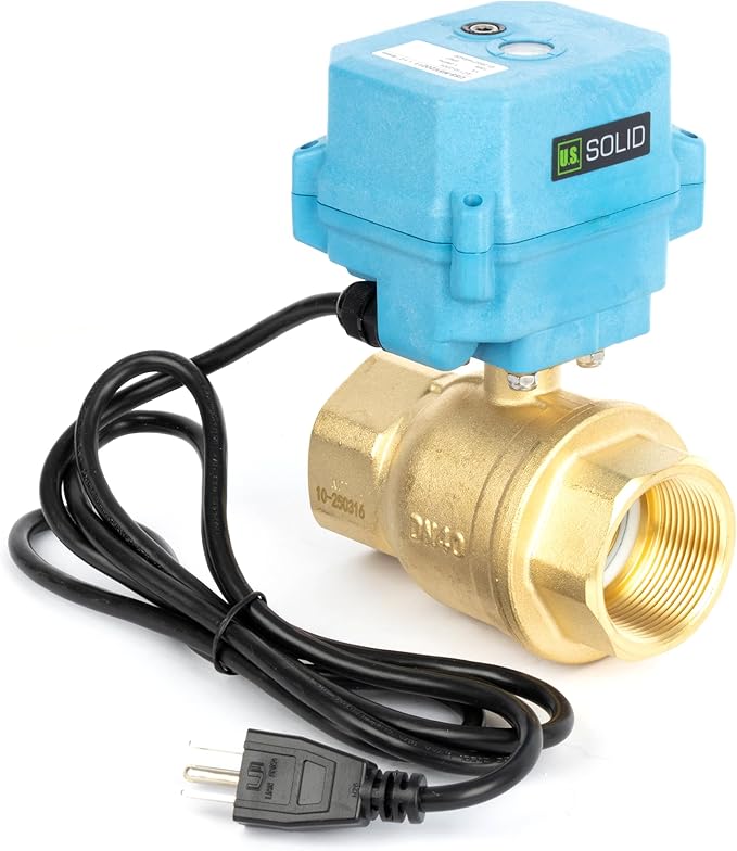 U.S. Solid 1-1/2" Motorized Ball Valve with US Plug 110VAC Brass Electrical Ball Valve, IP67, Manual Override, Direction Display Auto Return, Normally Closed, IP67