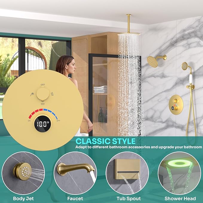 Temperature Display Shower Valve 3 Way Brass Rough-in Mixer and Round Trim Kit, Triple Function Digital Shower Diverter, Brushed Gold