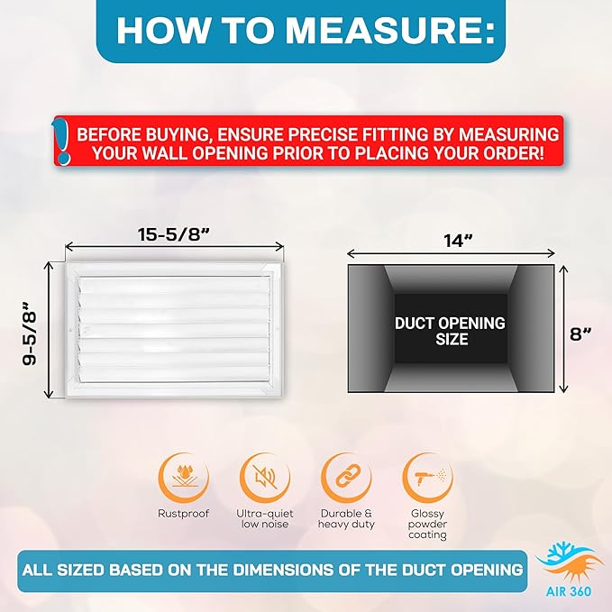 Aluminum 14 x 8 in (Duct Opening) 1-Way Air Duct Register Vent Cover for Ceiling and Wall - Modern HVAC Louver Vent Cover Adjustable – Durable Rustproof Wall Grille – Overall Size 15-5/8 x 9-5/8 Inch