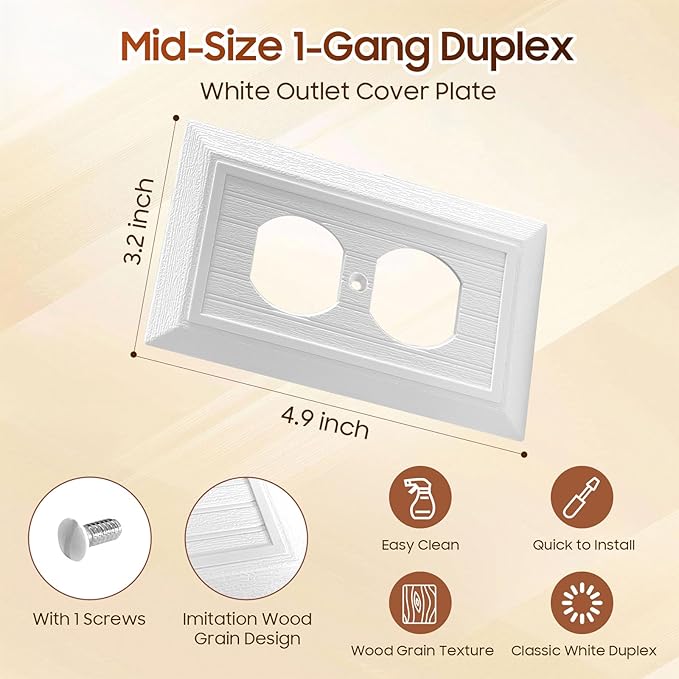 4-Pack White Outlet Covers Plate, Classic Retro Wood Grain Design Style, Modern Decorative Electric Receptacle Light Switch Cover Plates (1-Gang Duplex Mid-Size)
