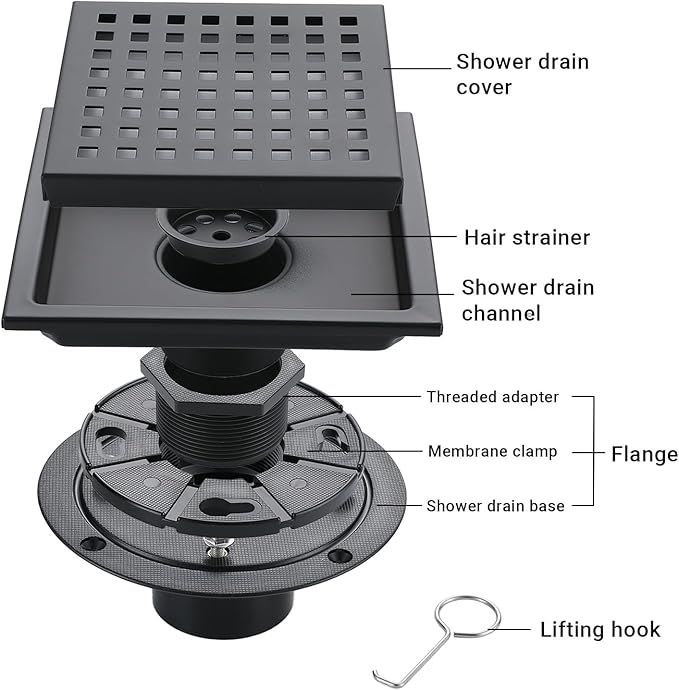 6 Inch Square Shower Floor Drain, Stainless Steel Black Shower Drain Kit with Flange, Floor Drain with Removable Grid Cover,Matte Black