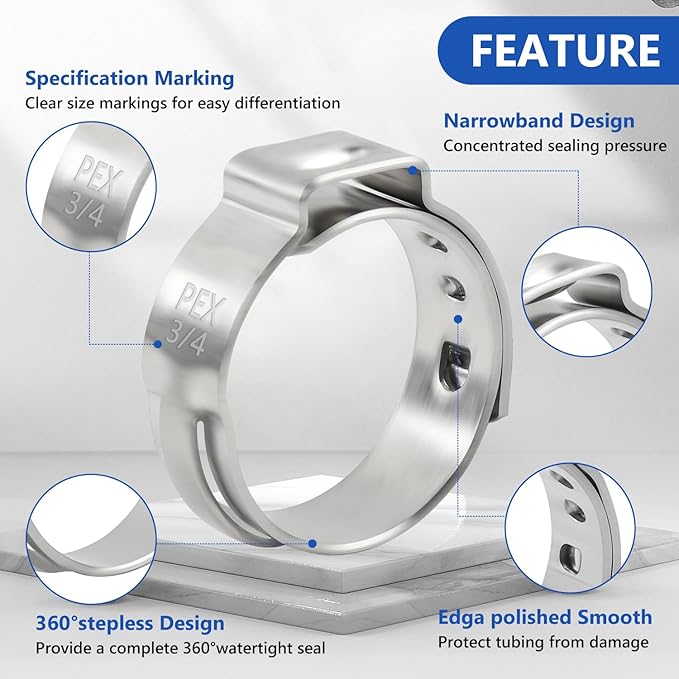 3/4 Inch PEX Clamps 120pcs Crimp Rings Single Ear Hose Clamps Stainless Steel Fittings Cinch Clamp Ring for Pipe Tubing