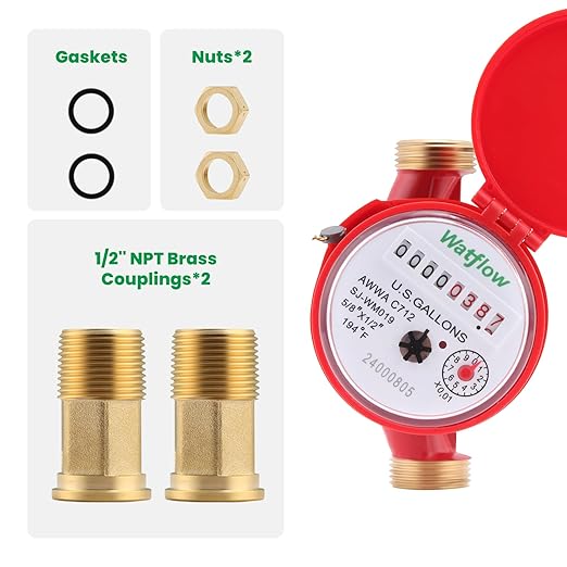 Watflow DN15 Water Meter 1/2" NPT, AWWA C712 Certification Gallon Water Flow Meter, Hot Water Meter for Garden/Home/Apartment, Horizontal Install.