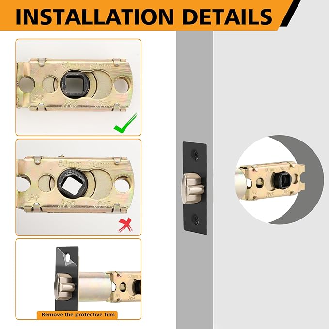 Adjustable Door Latch 2-3/8''(60mm) or 2-3/4''(70mm), 45° Turning Angle Universal Door Lock Replacement Part with 3/10'' (7.7mm) Square Hole, Handles or Deadbolts Not Included