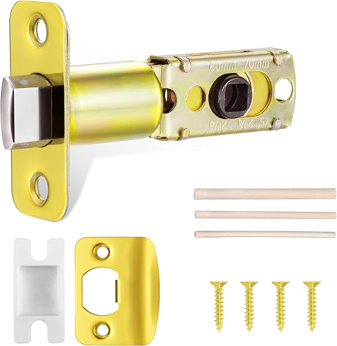 Polished Gold Adjustable Door Latch 60 or 70mm, 45° Turning Angle, Door Lock Replacement Parts with Door Strike Plate, Wood Dowel, Dust-Boxes