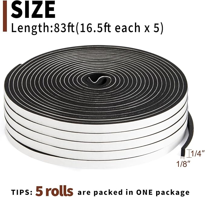 Yotache Weather Stripping Door Seal Strip 1/4" x1/8", 5 Rolls x 16.5ft Better Adhesive Foam Insulation Seal Tape for Door Jamb Frame, Windows, Total 83ft