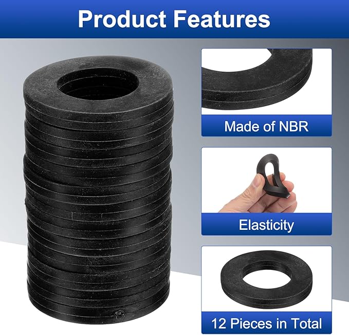 uxcell 12 Pcs Solid Nitrile Rubber Flat Washer DN32 1-13/16" OD x 1-3/8" ID x 1/4" Thickness Large Washers O Ring Sealing Gaskets, Industrial Flat Rubber Spacer, Black