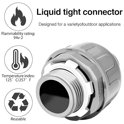 3/4 Liquid Tight Connector - 10 Pack Liquid Tight Conduit 180 Degree PVC Electrical Conduit Fitting Non Metallic Straight Flexible Conduit Connectors for Indoor Outdoor Home, Kitchen, and Bathroom