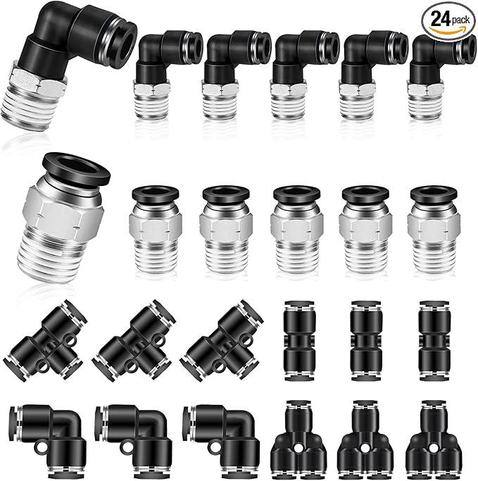 Push to Connect Fittings kits,6mm Tube OD x 1/8 Inch NPT Thread Male Elbow and Straight Pneumatic Quick Connect Air Hose Fitting kits Tube Fittings Air Fittings 24Pcs