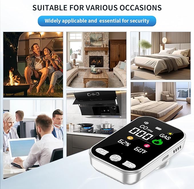 4in1 Plug in Carbon Monoxide Detector & Combustible Natural Gas Detectors Combination Builti-in Battery HD Screen [CO Gas Temp Humidity Sensor] for Home Hotel Travel (1 Pcs,HD12-CG, White)