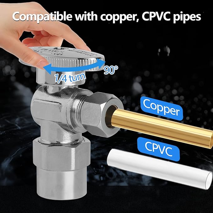 WiseWater Angle Stop Valve 1/2" CPVC x 3/8" Compression,1/4 Turn Chrome Plated Brass Plumbing Fitting for CPVC, Copper Tube (10-Pack)