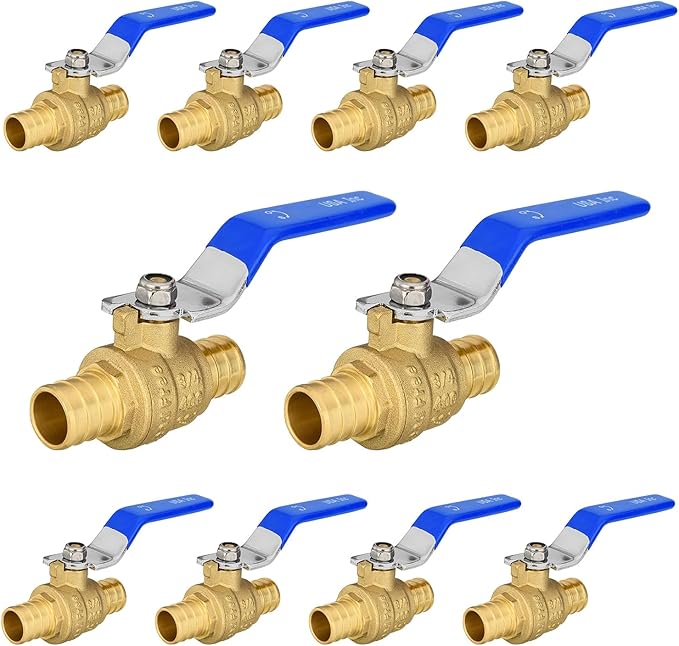 10-Pack Foskan 3/4 Inch PEX Crimp Full Port Ball Valve with Blue Handle, Brass Quarter Turn Shut-off Valve for PEX Tubing