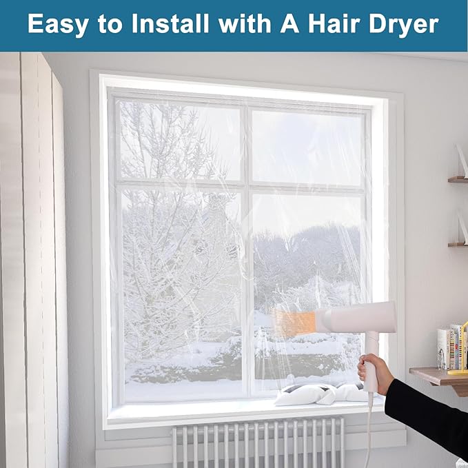 Window Insulation Kit, Plastic Window Covering 62 Inch Wide × 393 Inch Length with Double-Sided Tape, Insulator Seal Kit for 10 - 3'x5' Windows Winterizing for Winter, 1 Roll Clear