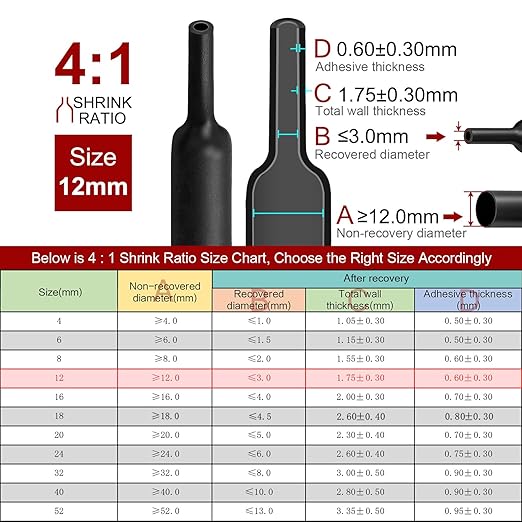 Chanzon 4:1 Ratio 1/2" (12mm) Heat Shrink Tubing - Marine Grade Waterproof Adhesive Lined - 4Ft Roll (1.22M Total Length) Black Polyolefin Sleeving Wrap Shrinking 4 to 1 Ratio 1pcs