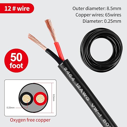12 Gauge Wire 2 Conductor 12 AWG Electrical Wire Stranded PVC Cord Oxygen-Free Copper Cable 50FT Pure Copper Electrical Wire Cord for LED Lamp Lighting Strips Automotive…