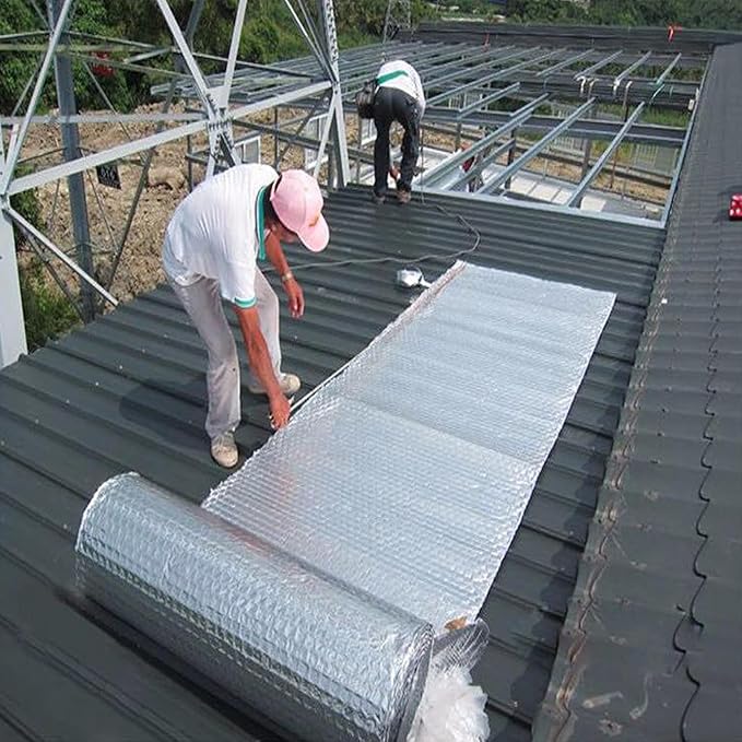 5mm Double-Sided Aluminum Foil Bubble Insulation - Self-Adhesive, Flame Retardant, Thermal Moisture Barrier, Waterproof, for Pipes, Roof, Walls(Size:50㎡,Color:Fixed Width 1m)