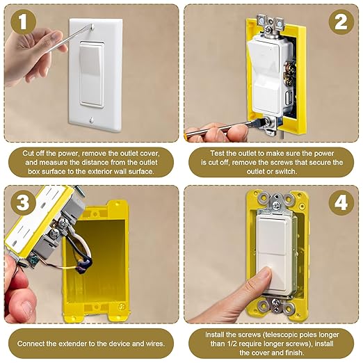 6Pcs 1/4 Inch Single Gang Outlet Box Extender, Seamless Electrical Box Extender with 12Pcs 32mm Screws for Electrical Outlet Switches Electric Box Extenders(Yellow)