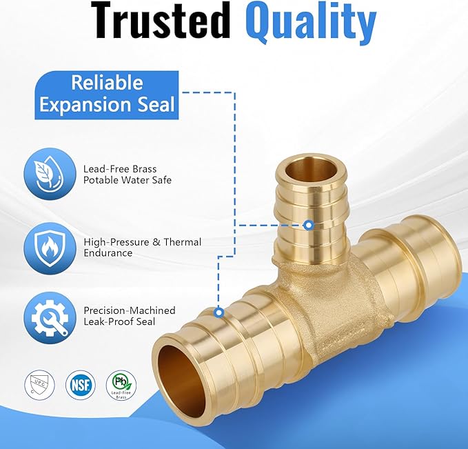 (10-Pack YVSKM) 3/4" x 3/4" x 1/2” PEX-A Reducing Tee Expansion Fitting, Lead-Free Brass Full Flow Connector, ASTM F1960 & cUPC Certified for Residential Hot & Cold Water and Radiant Heating Systems