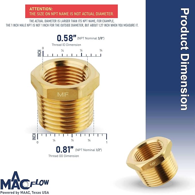 MAACFLOW brass 1/2" Male NPT to 3/8" Female NPT Adapter Reducer Hex Bushing (Thread OD 0.81" - ID 0.58") (pack of 2)