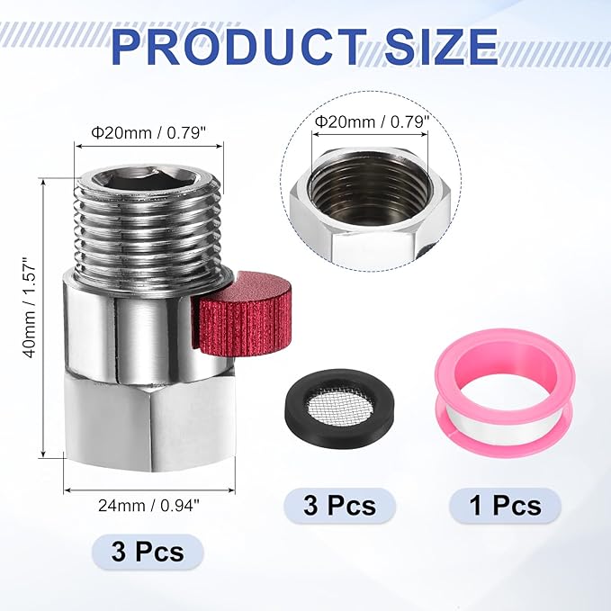 uxcell 2 Set G1/2" Female x Male Shower Shut Off Valve, Brass Water Flow Control Valve for Shower Head with Hose Flow Restrictor, Red
