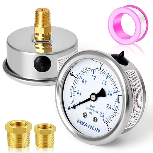 MEANLIN MEASURE 0~40Psi Stainless Steel 1/4" NPT 2.5" FACE DIAL Liquid Filled Pressure Gauge WOG Water Oil Air, Cencter Back Mount, with 1/2" NPT and 3/8" NPT Hex Bushing