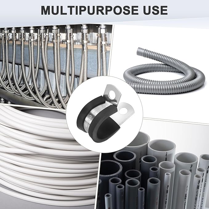 25-Pack Cable Clamps, 5/8 inch/ 16 mm 304 Stainless Steel Rubber Cushioned Insulated Cable Clamp R Shape Metal Holder for Tube/Wire/Pipe/Loop Installation
