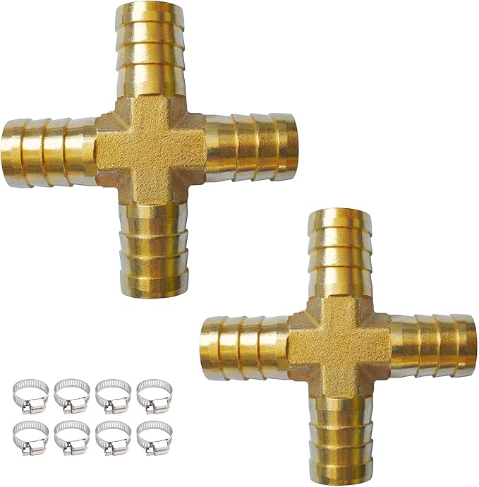 2PCs 5/8" Brass Hose Barb Fitting 4 Way Cross Barbed Splicer Mender Union Fitting with 8PCs Hose Clamp for Oil Water Air