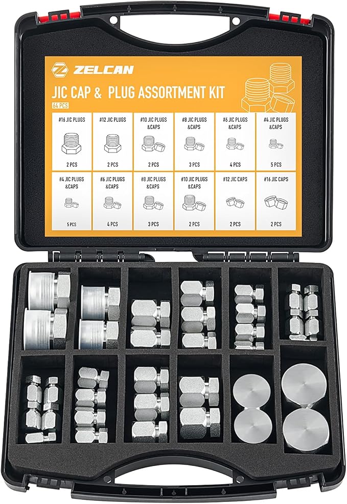 ZELCAN Hydraulic Hose Cap & Plug Kit, 64pc JIC Plug and Cap Assortment Kit with 37° Flare Thread for Dash Size 4 6 8 10 12 16, Heavy-Duty Hydraulic Hose Fitting Kit for Industrial Pipe Tube Sealing
