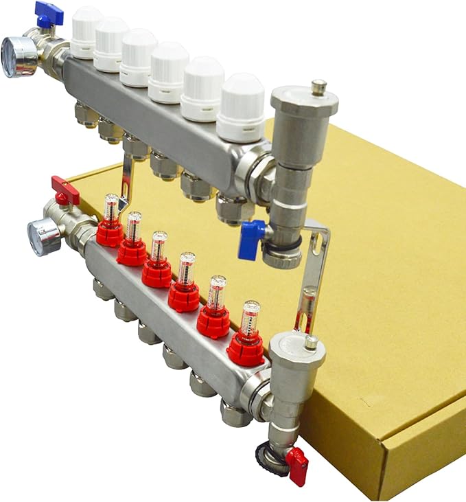 6 Branch PEX Radiant Floor Heating Manifold Set Floor Heating Water Distributor 1/2" Pipe Adapter 306 Stainless Steel and Brass, for Heating Systems