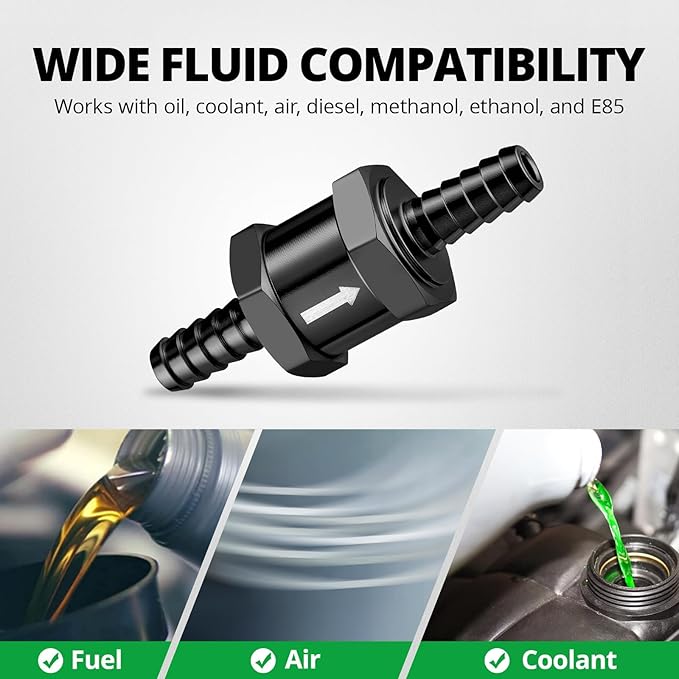EVIL ENERGY 1/4'' (6mm) Check Valve, 3 Pcs Aluminum One Way Fuel Check Valve for Gasoline, Diesel & Coolant with Universal Hose Clamps, Black