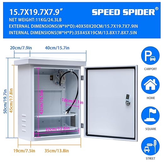 Outdoor Electrical Box withElectrical Cabinet Cooling Fan and Thermostat Set 15.7 * 19.7 * 7.9" IP Weatherproof Box,Vented Box with Removable Mounting Plate Wall/Pole Mounted(40 * 50 * 20cm)
