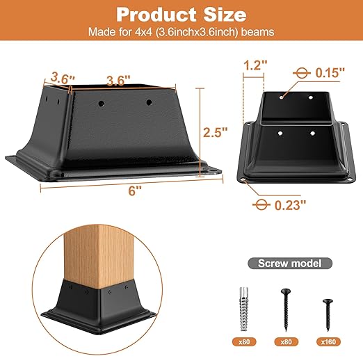 4x4 Post Base 20Pcs, Internal 3.6"x3.6" Heavy Duty Powder-Coated Steel Post Bracket Fit for Standard Wood Post Anchor, Decking Post Base for Deck Porch Handrail Railing Support with Screws