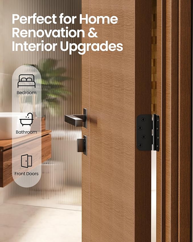4 Inch Matte Black Door Hinges – 12 Pack Heavy Duty Black Door Hinges with 5/8" Radius, Interior and Exterior 4in x 4in Rounded Corners, Residential Door Hardware