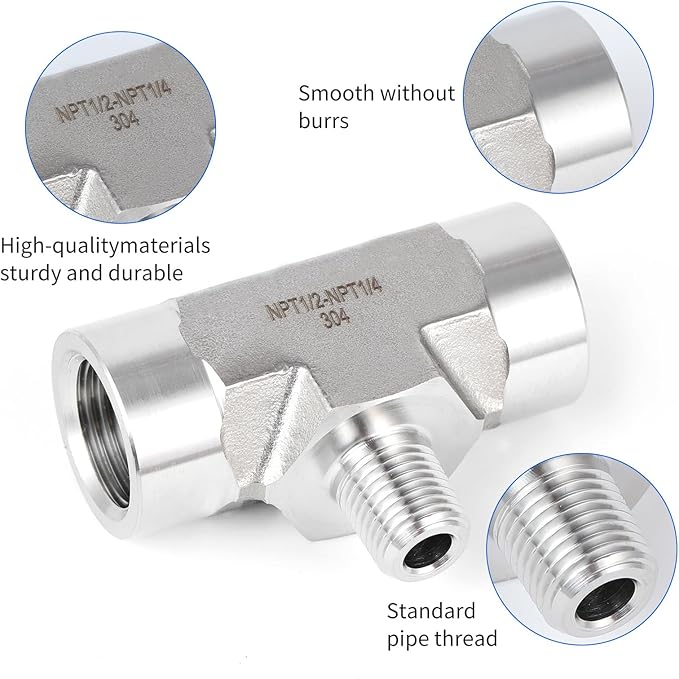2 piece,NP1/2 Female - NPT1/4 Male - NPT1/2 Female tee, 3Way Connector, Fabricate of 304 Stainless Steel.