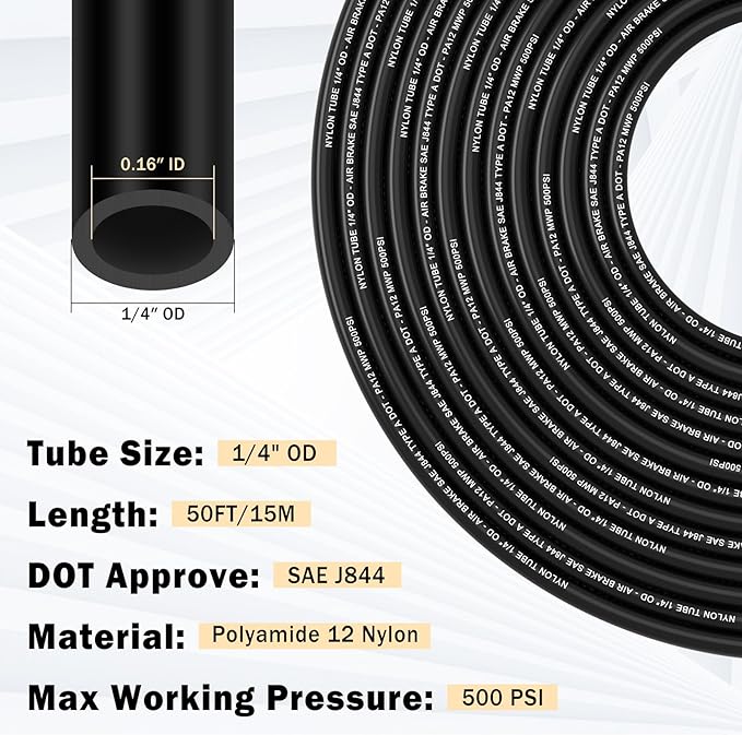 CheeMuii 12 Pcs 1/4 Brass DOT Air Fittings With 50 FT 1/4" DOT Air Line Kit 15 Meter Pneumatic Tubing with DOT Air Fittings for Semi Truck Trailer or Industrial Air System