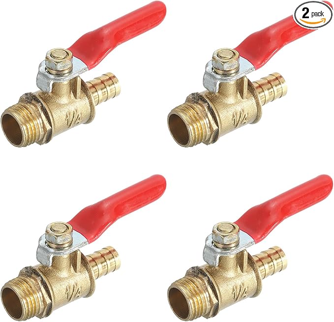 uxcell 2Pcs Brass Water Mini Ball Valve Shut Off Switch, G1/4" Male x 5/16" Hose Barb, 180 Degree Operation Handle, Brass Valve