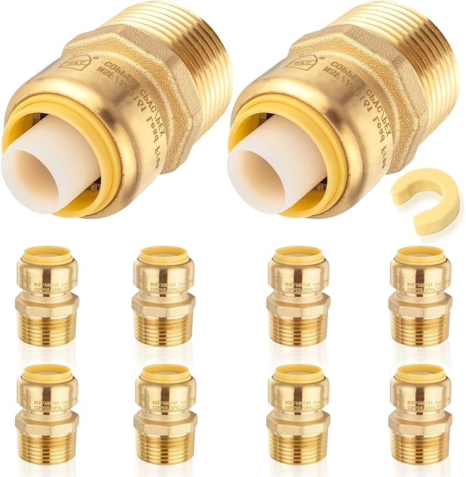 10-Pack HeSun Pushfit Male Adapter, 3/4" MNPT x 1/2" Push to Connect Plumbing Fittings with Disconnect Clip, Brass Push-fit Fittings for PEX, Copper, CPVC, PE-RT Pipes(PF026-10)