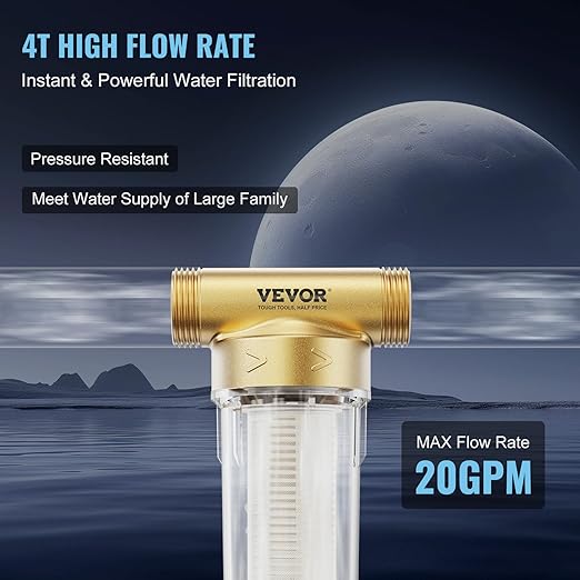 VEVOR 40 Micron Sediment Filter, 20GPM Spin Down Filter, Reusable Flushable Pre-Filtration, Whole House Sediment Water Filter, Pre-Filtration System for Well/City Water, 3/4" FNPT + 1" MNPT